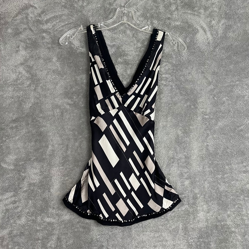 Vintage Y2K Tank Top Womens S/M Tie Back 100% Silk Sequined Geometrical